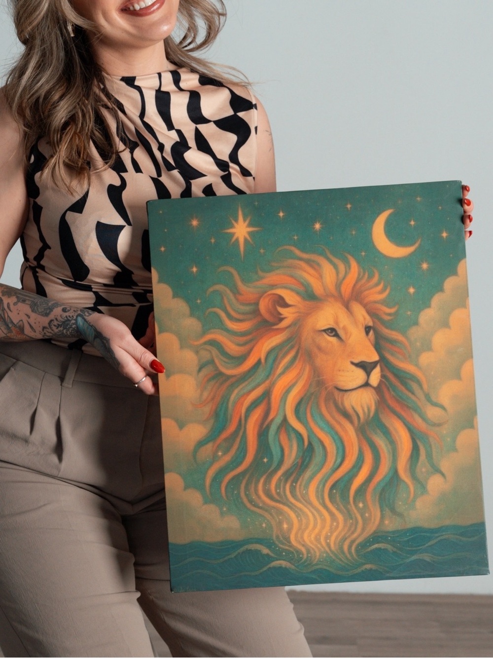 Celestial Lion Art Canvas 16x20” - Golden Mane with Teal & Coral Accents